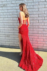 Elegant Long Red One Shoulder Evening Dresses Glitter Lace Prom Dresses With Slit